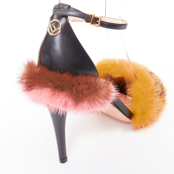 FENDI yellow pink mink fur black lambskin fluffy high heel sandals EU37