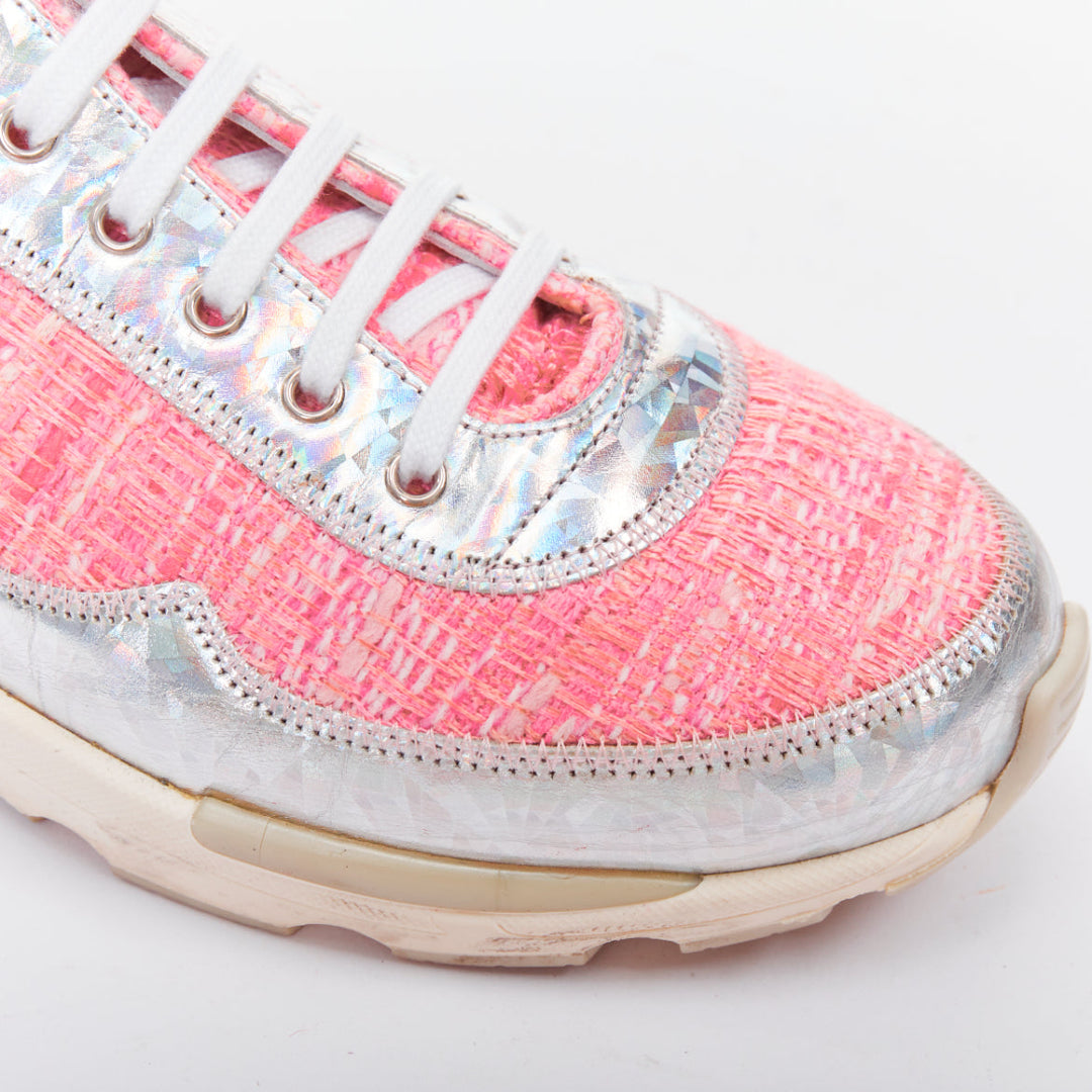 CHANEL 2014 pink tweed silver holographic silver leather sneakers EU38.5
