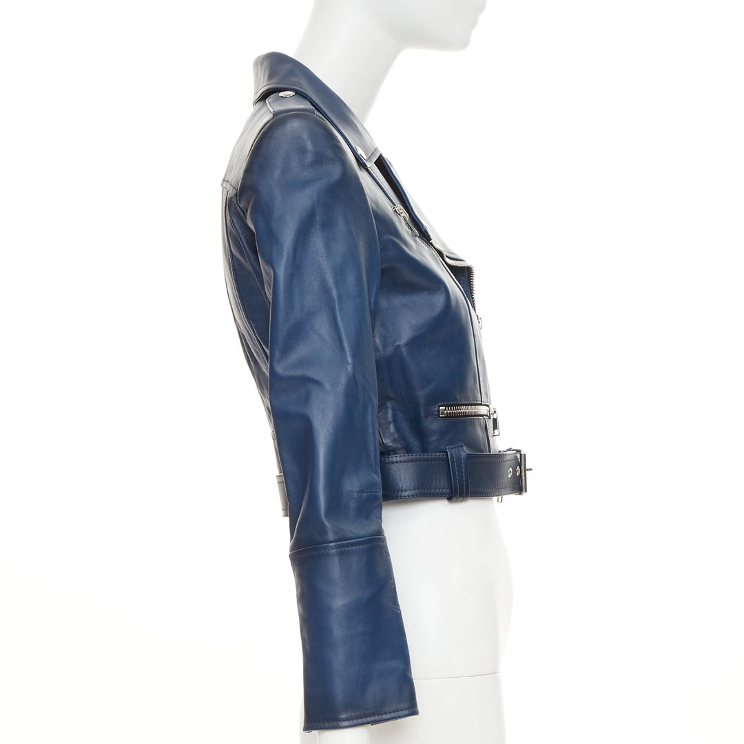 ALEXANDER MCQUEEN Asymmetric blue leather belted cropped biker outerwear IT40 S