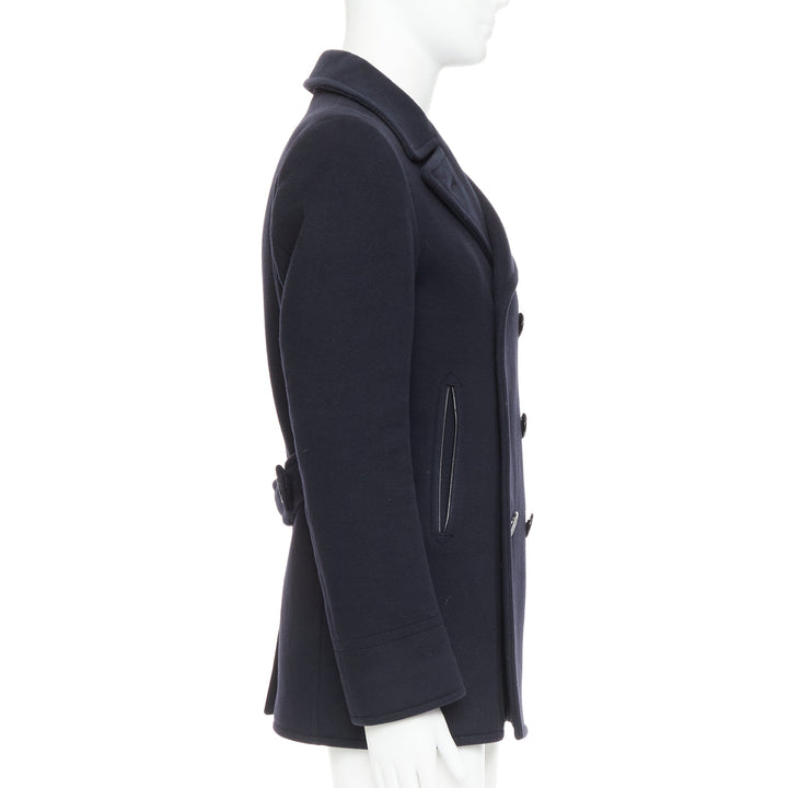 TOM FORD navy 100% wool leather trim double breasted pea coat IT48 M