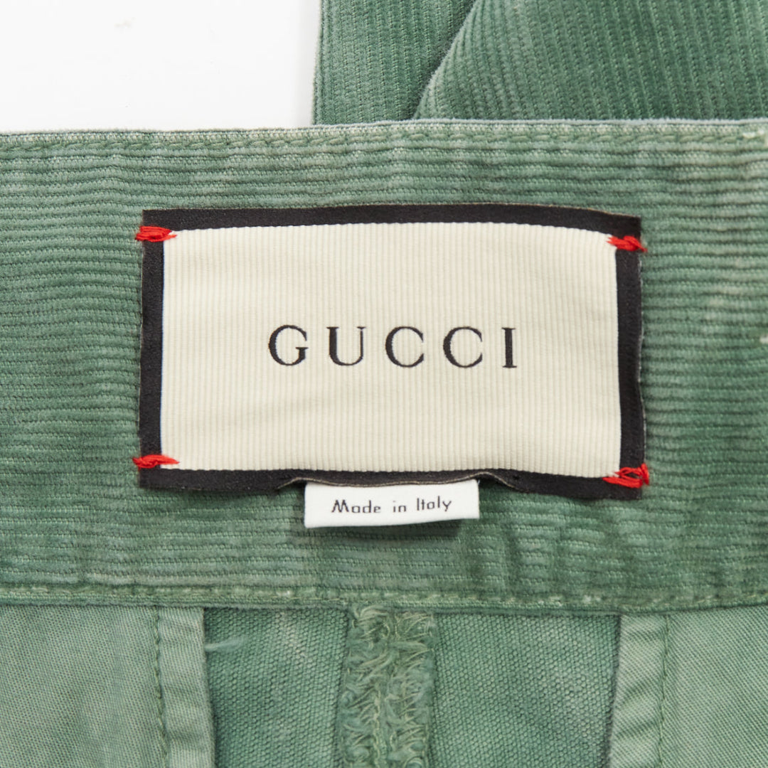 GUCCI green washed corduroy butterfly patch pocket wide leg pants