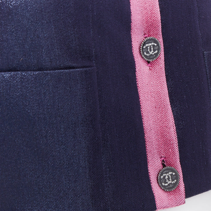 CHANEL 22K navy pink metallic wool blend cropped jacket FR36 S