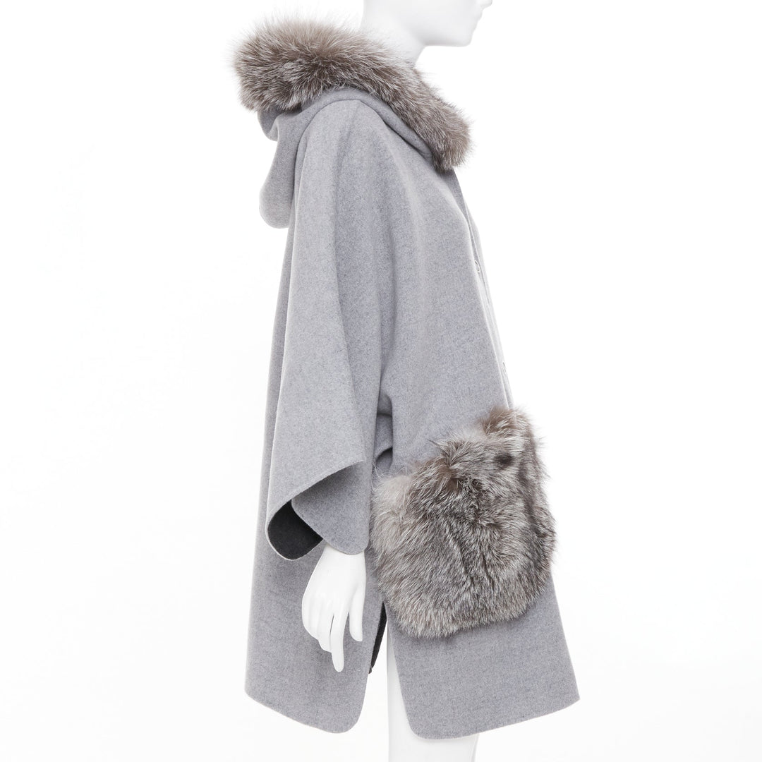 INTUITION PARIS grey cashmere wool real fur hooded removable collar cape coat S