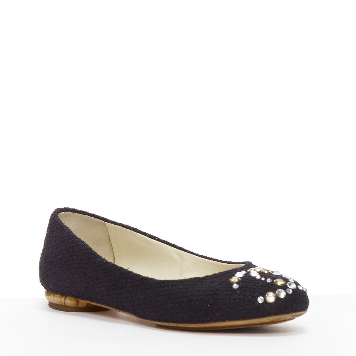 CHANEL black tweed crystal CC embellished logo round toe flat shoes EU35