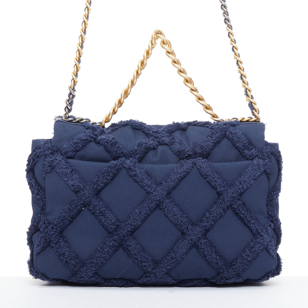 CHANEL 2021 19 navy cotton canvas fringe quilted mixed chain flap bag