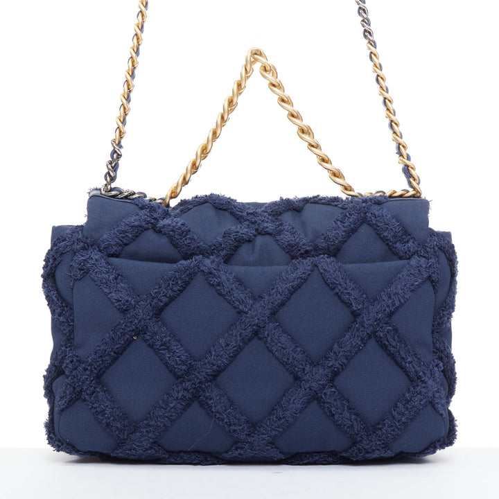 CHANEL 2021 19 navy cotton canvas fringe quilted mixed chain flap bag