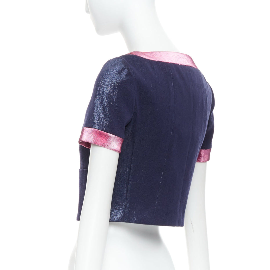 CHANEL 22K navy pink metallic wool blend cropped jacket FR36 S