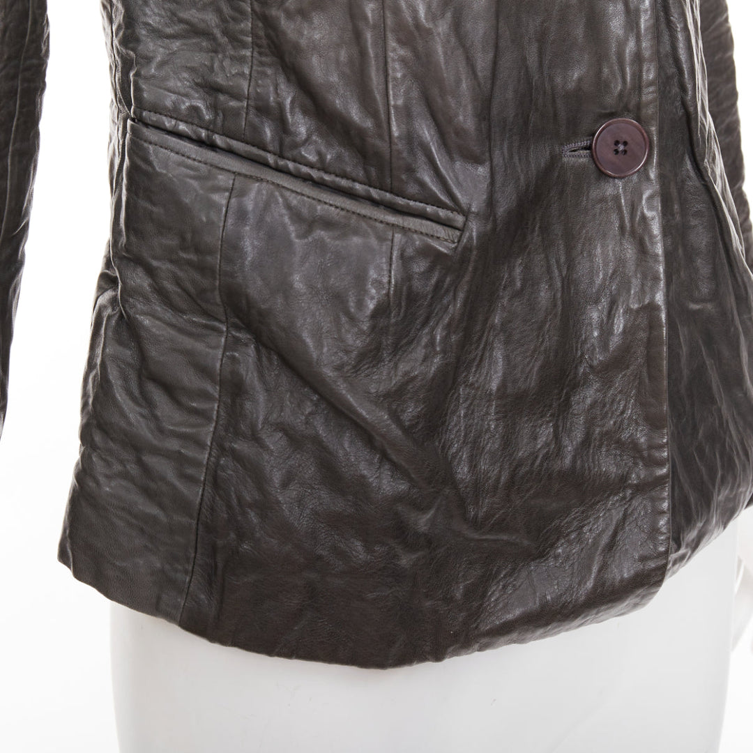 DONNA KARAN dark taupe crinkled lambskin leather blazer jacket IT38 XS