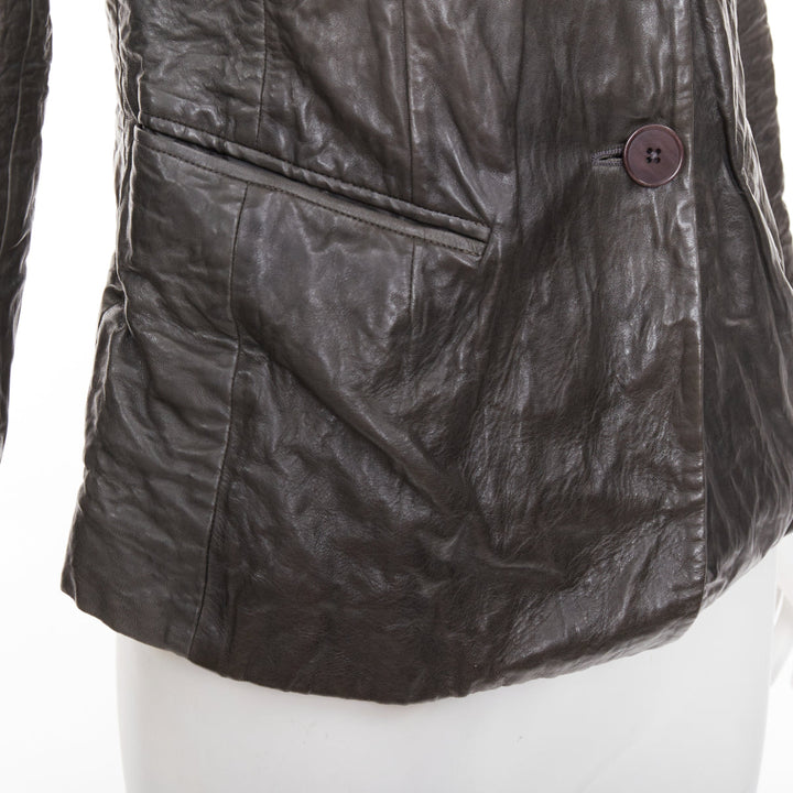 DONNA KARAN dark taupe crinkled lambskin leather blazer jacket IT38 XS