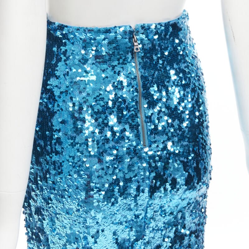 ALICE OLIVIA blue bling sequins side zip disco party pencil skirt US0 XS