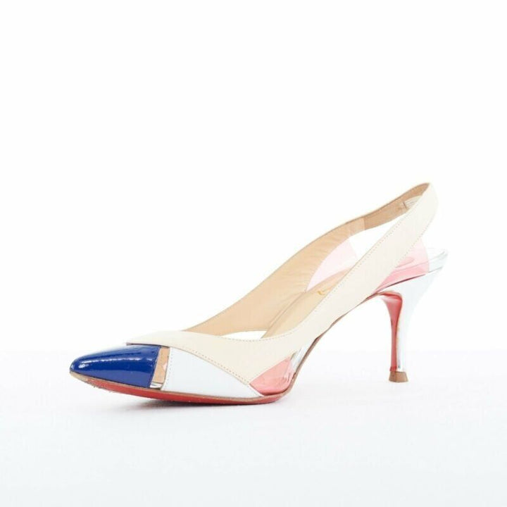 CHRISTIAN LOUBOUTIN Air Chance 70 blue patent beige PVC slingback heels EU36.5