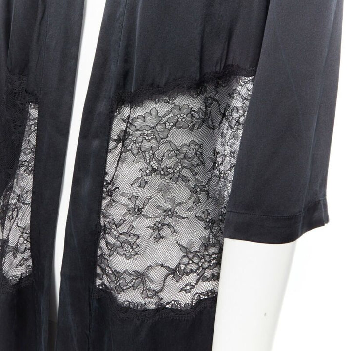 PRESENT LONDON black 100% silk floral lace panel lingerie short kimono robe UK8