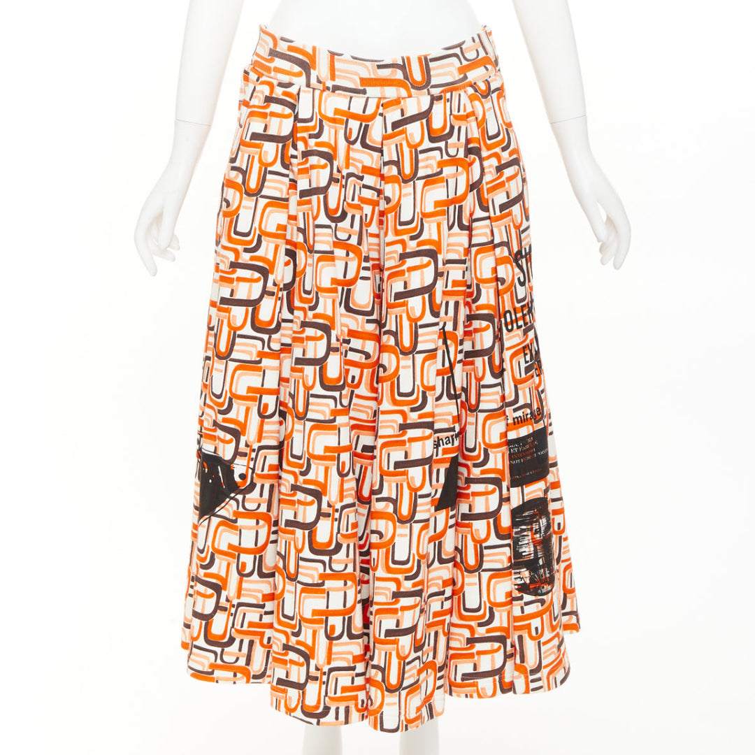 PRADA 2021 Runway orange geometric link print triangle logo cotton midi skirt M