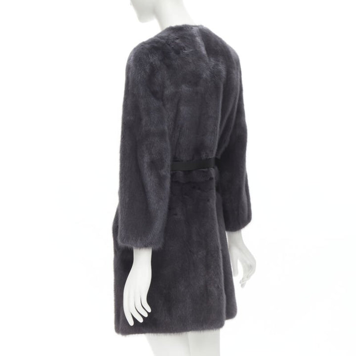 FENDI grey black fur leather 4-way reversible zip belted coat jacket IT38