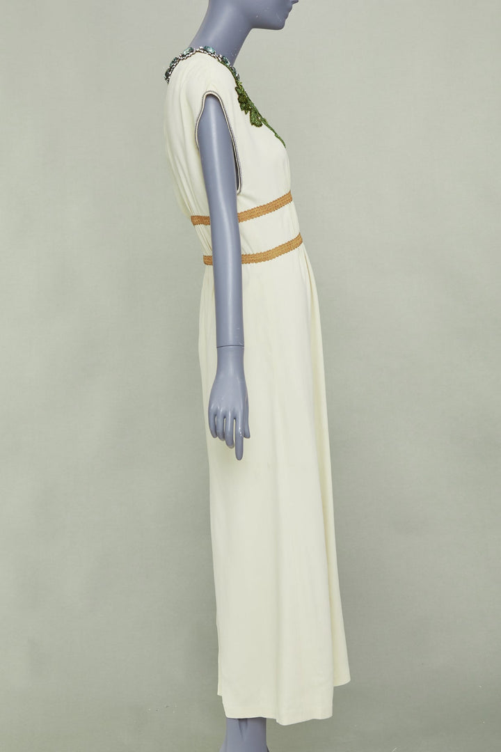 GUCCI 2019 beige crystal floral embroidered jersey empire waist gown S