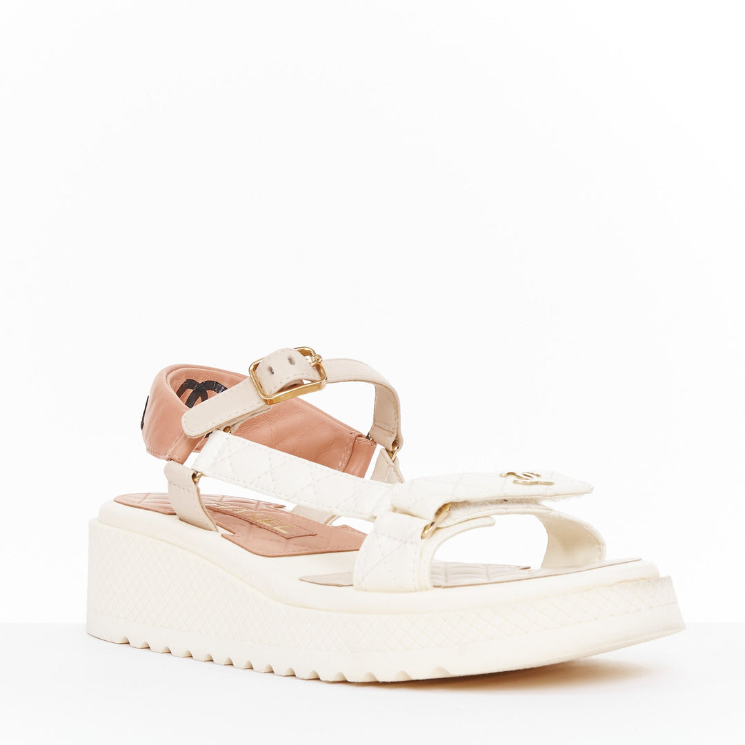 CHANEL 2023 white quilted canvas CC logo flatform strappy dad sandals EU38