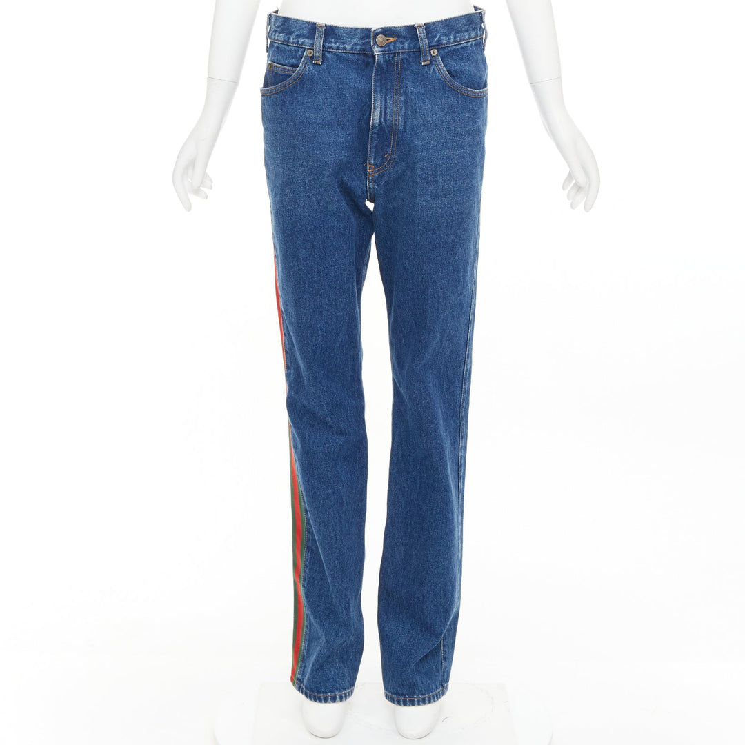 GUCCI blue cotton blend signature green red web trim straight leg jeans 31"