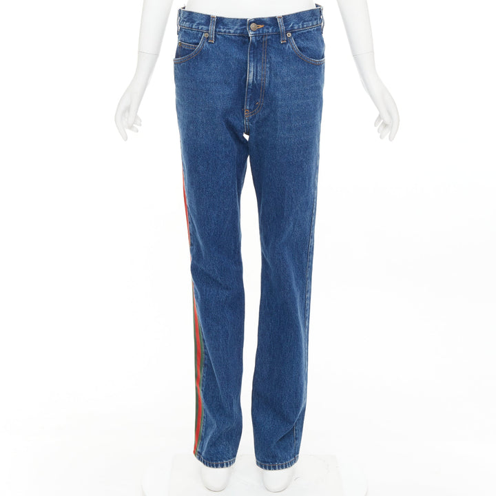 GUCCI blue cotton blend signature green red web trim straight leg jeans 31"