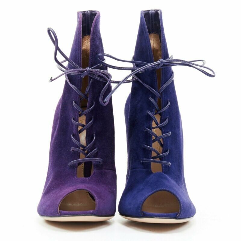 GIANVITO ROSSI purple suede lace up peep toe deep V vamp heel bootie EU36