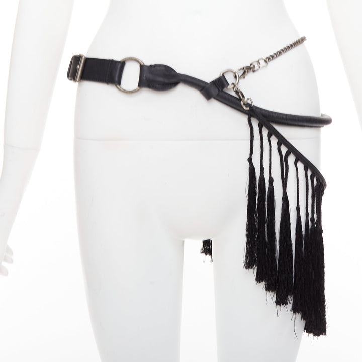 rare ANN DEMEULEMEESTER Vintage black leather macrame fringe small pouch belt