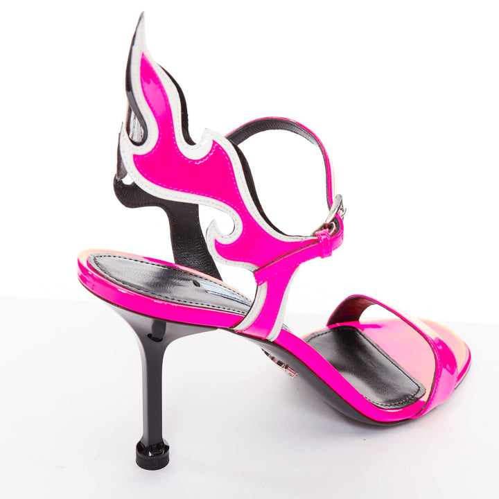 PRADA 2018 Flame fluo neon hot pink white patent Fire mid heel sandal EU37