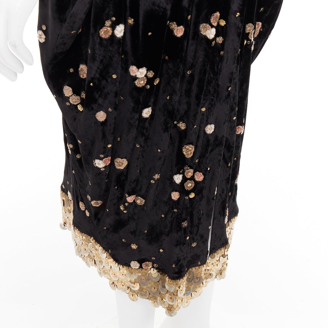 SABYASACHI black velvet gold floral applique sequins drape V neck dress S