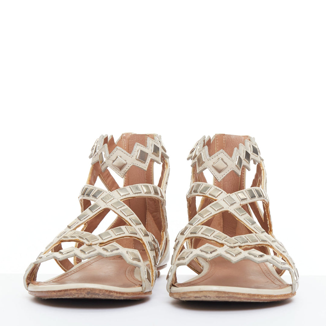 ALAIA silver square studded nude leather flat gladiator sandals EU36.5