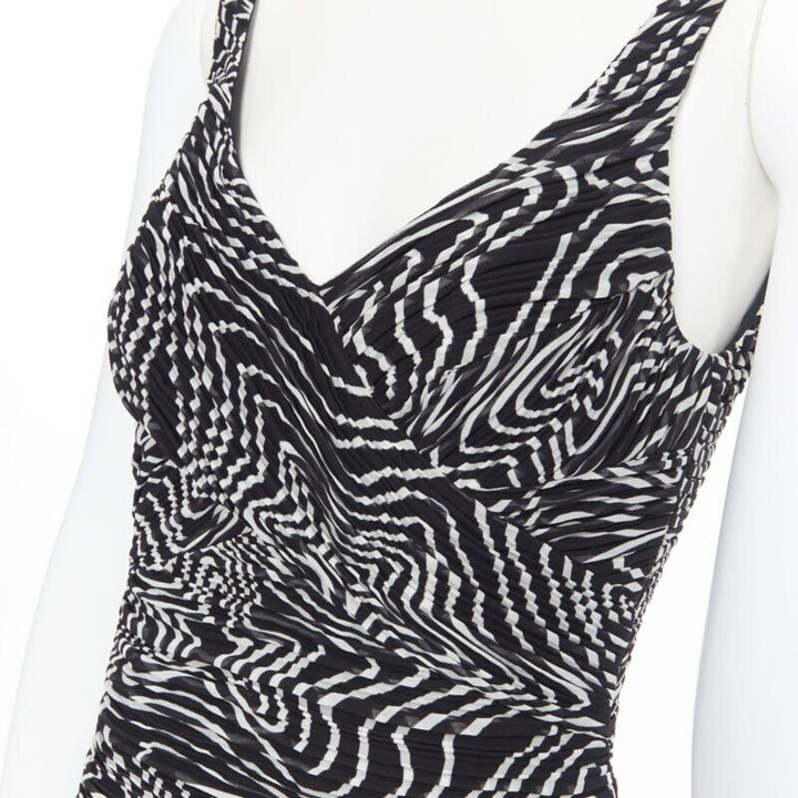 VERSACE 100% silk black white swirl print ruche pleated cocktail dress IT38 S