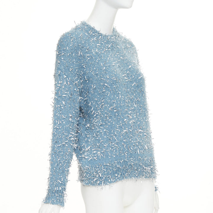 MSGM 2023 misty blue silver metallic foil speckle crewneck sweater XS