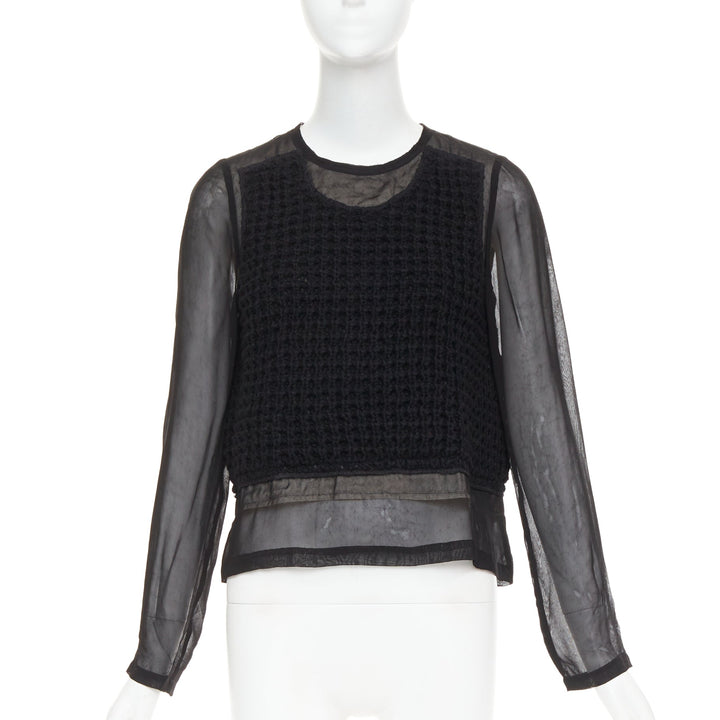 COMME DES GARCONS 2014 black cupra wool trim woven sheer overlay top XS