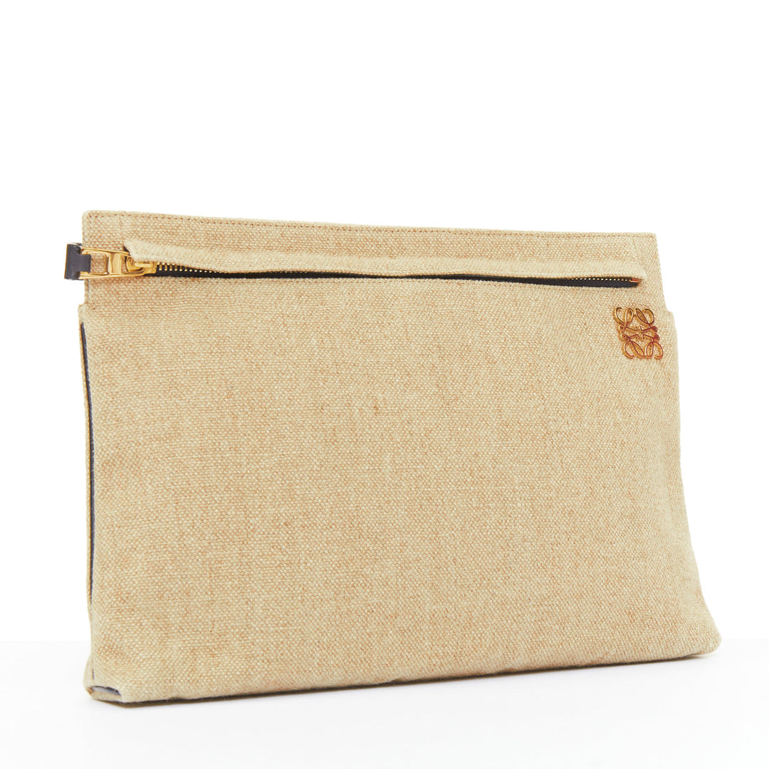 LOEWE T Pouch beige linen canvas gold anagram dark zip slot clutch bag