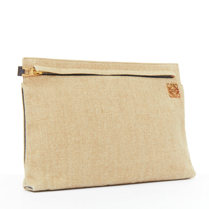 LOEWE T Pouch beige linen canvas gold anagram dark zip slot clutch bag