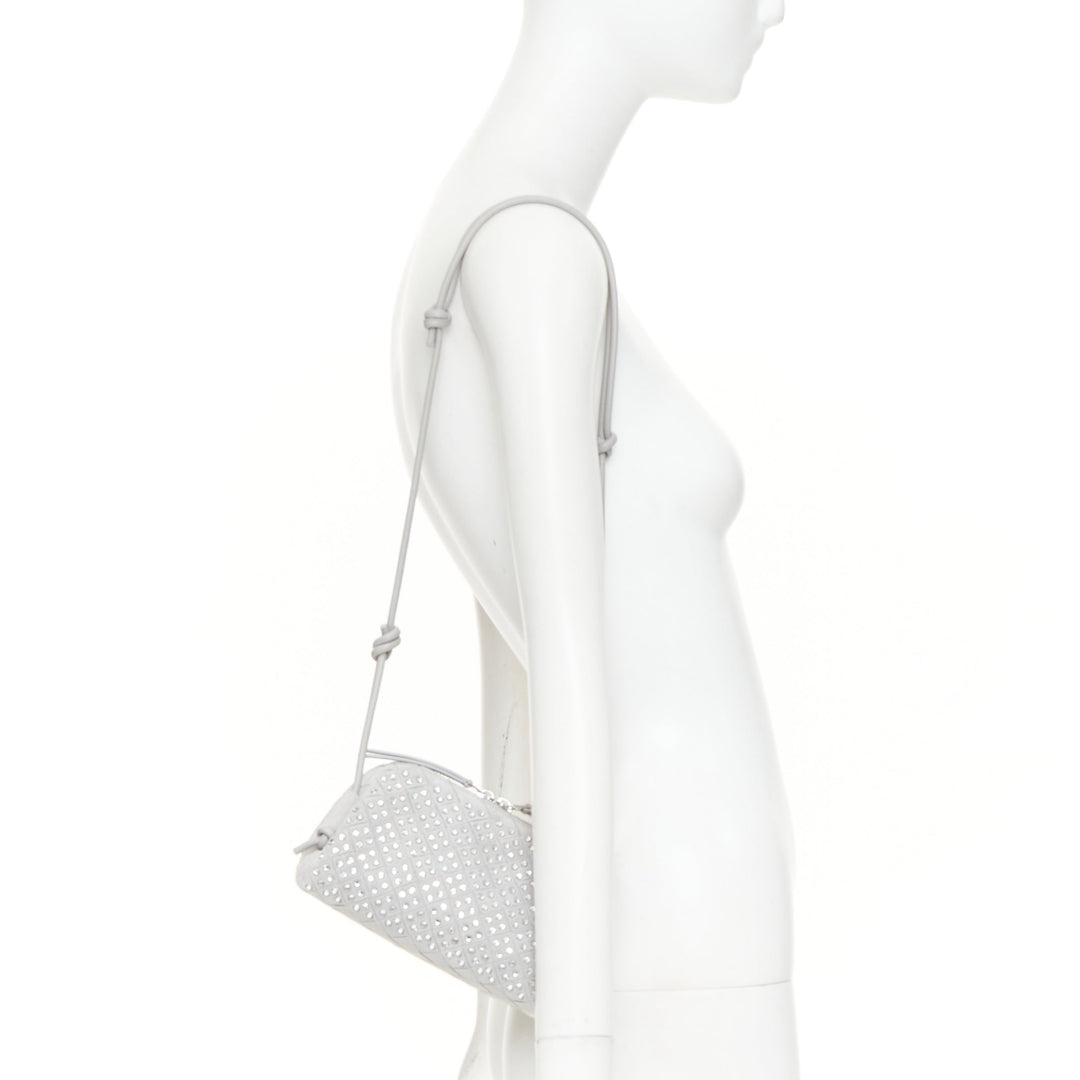 BOTTEGA VENETA 2024 Concert Pouch grey suede strass intrecciato woven bag
