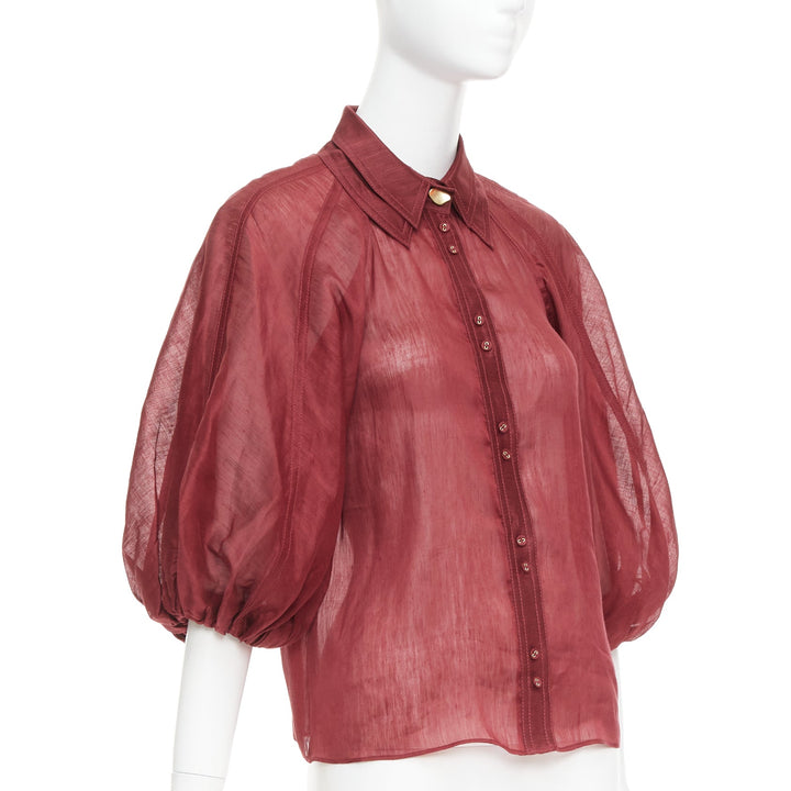 AJE Palms burgundy silk linen puff sleeve raglan multi buttons shirt UK6 XS