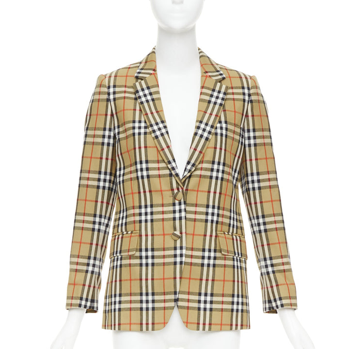 BURBERRY 100% wool brown House Check single breasted blazer jacket IT36 XXS