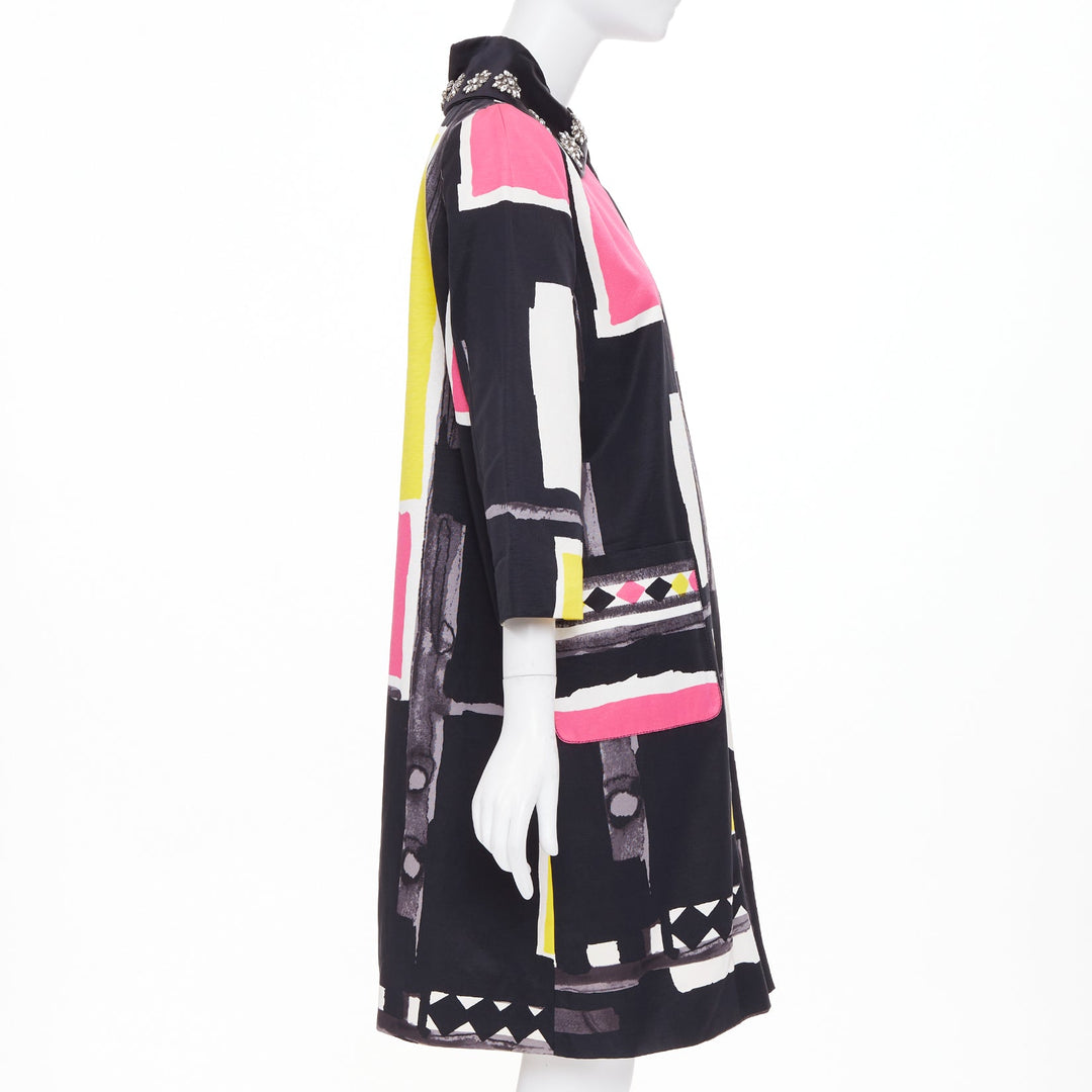 KENZO Defile vintage pink yellow black abstract crystal collar coat FR42 XL