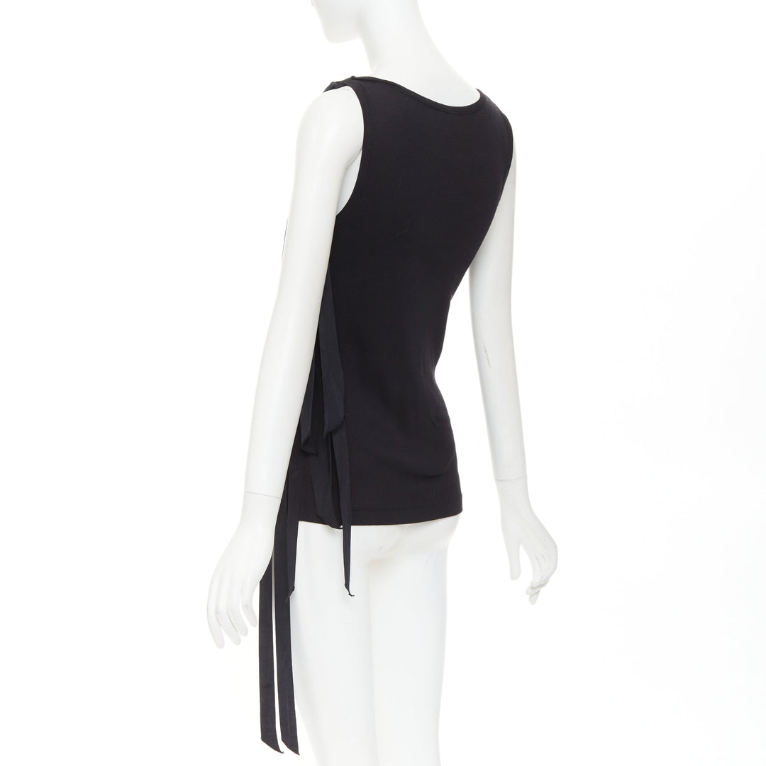 DRIES VAN NOTEN 2020 black ribbed cotton long ribbon shoulder tank top M