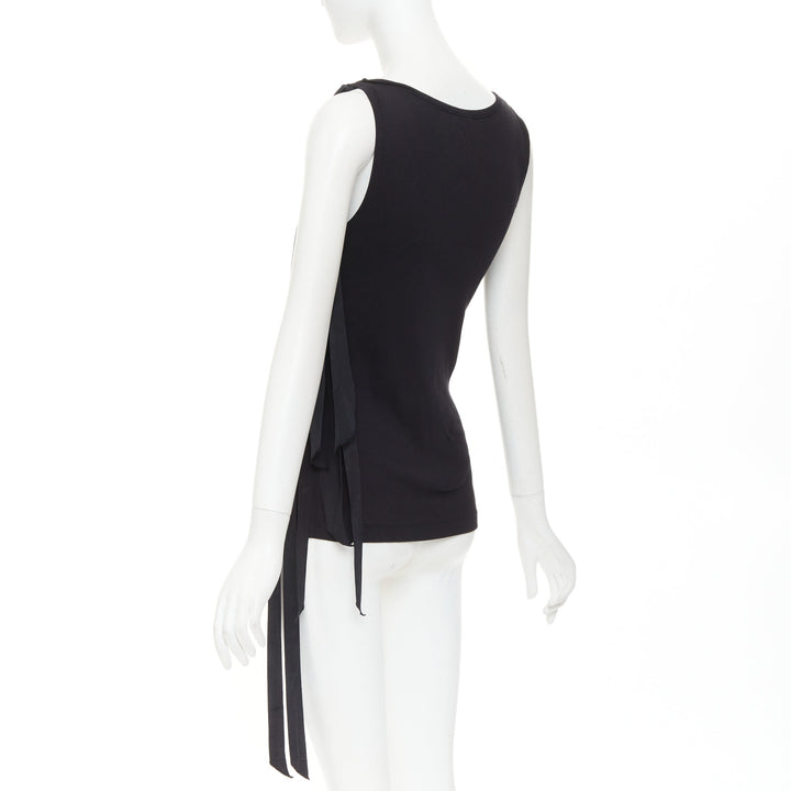 DRIES VAN NOTEN 2020 black ribbed cotton long ribbon shoulder tank top M