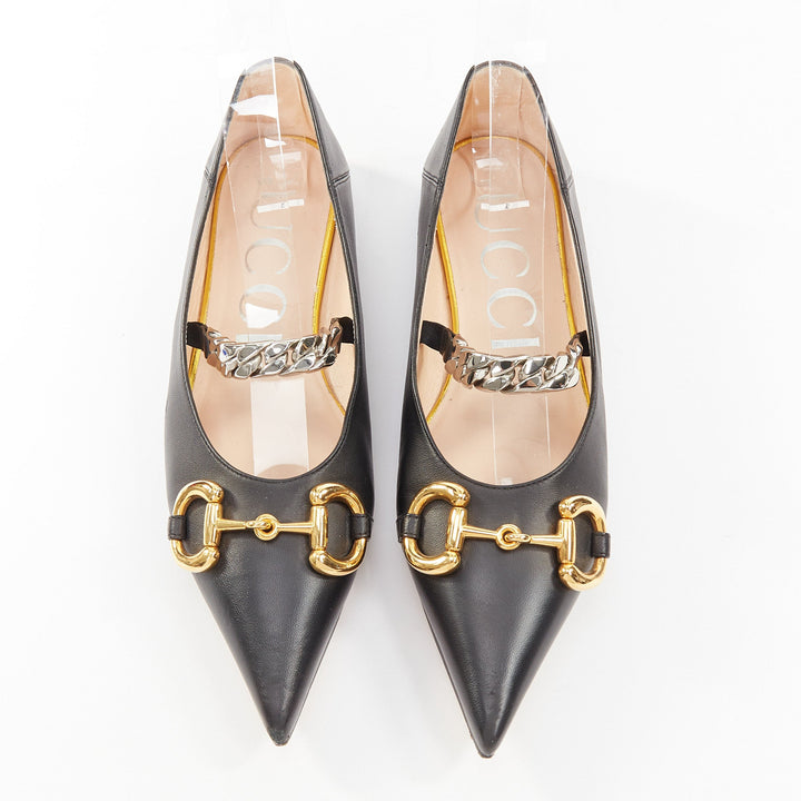 GUCCI 2020 Deva black leather horsebit chain strap pointed ballet flats EU38