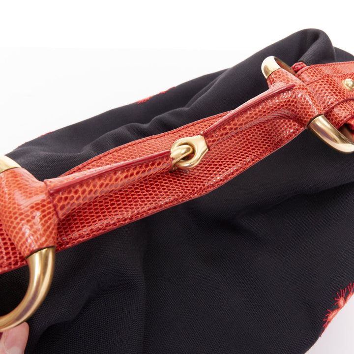 rare GUCCI 2004 Runway Tom Ford red lizard applique horsebit chain hobo bag