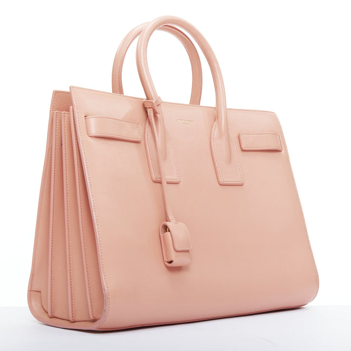 SAINT LAURENT Sac Du Jour pale pink calfskin gold logo executive tote bag