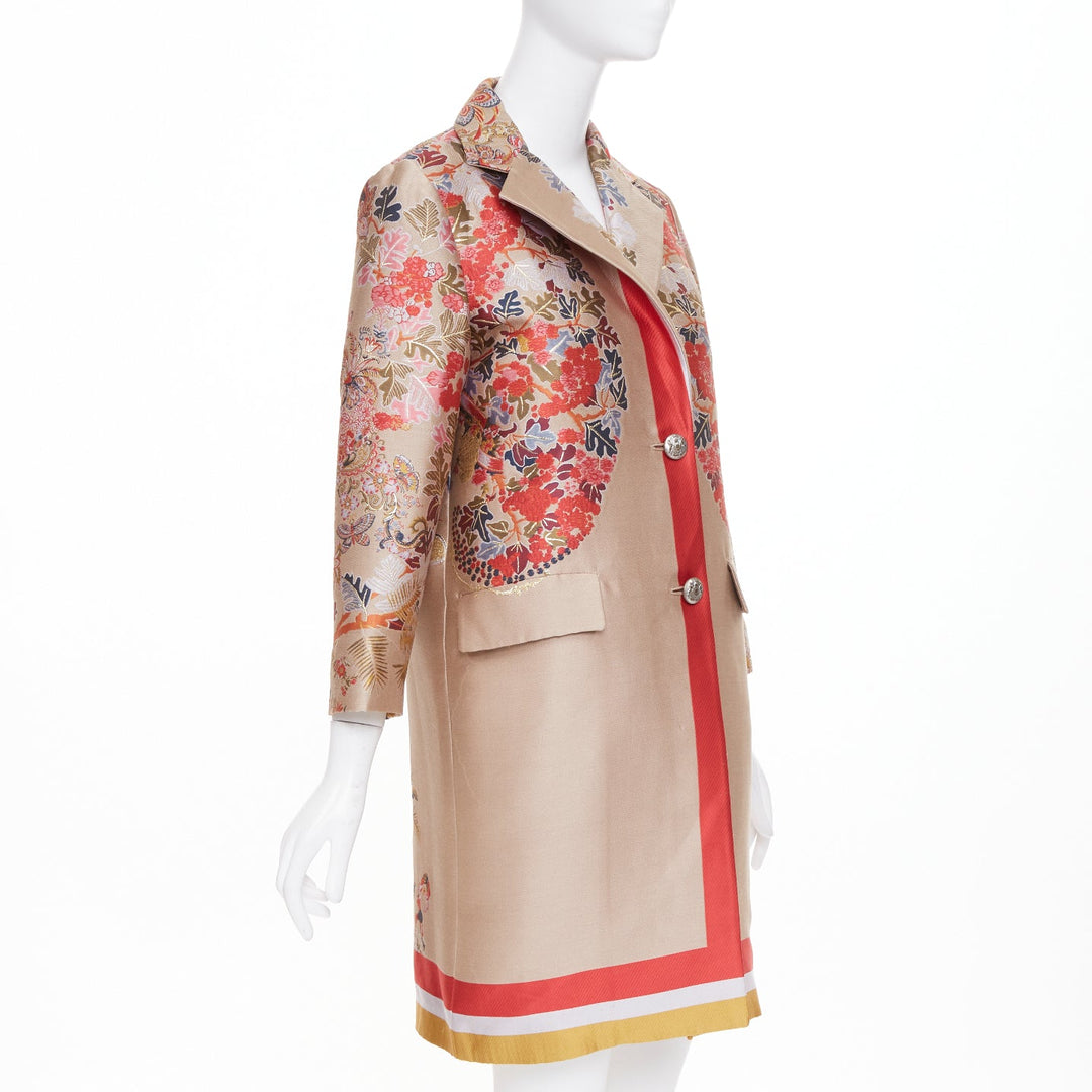 ETRO taupe red placed floral cotton blend jacquard overcoat IT42 M