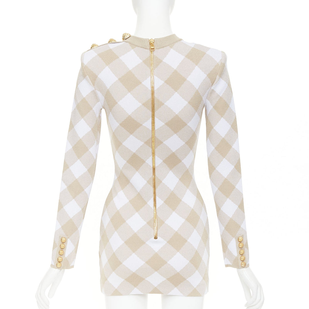 BALMAIN Vichy nude white gingham checkered dress gold buttons dress FR34 XS