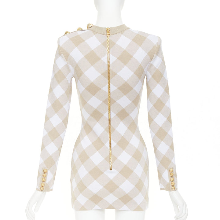 BALMAIN Vichy nude white gingham checkered dress gold buttons dress FR34 XS