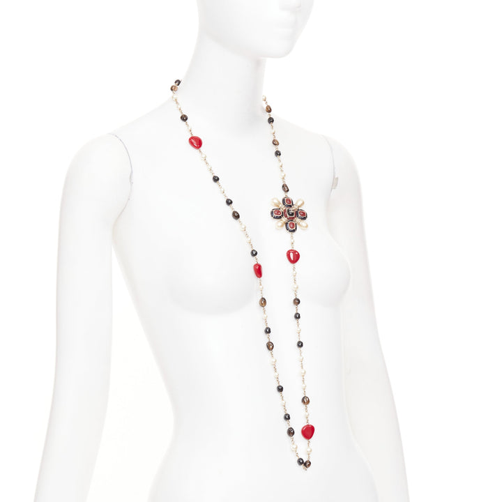 CHANEL A14C black red gripoix enamel Maltese cross CC pearl sautoir necklace