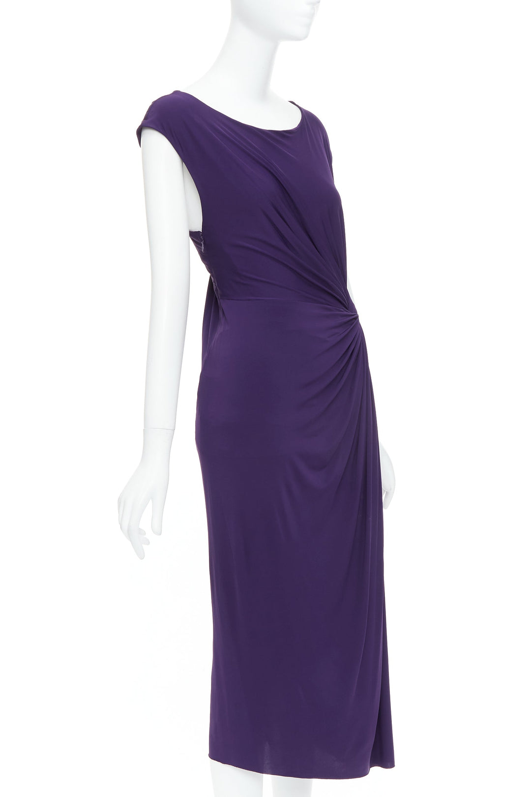 DONNA KARAN purple draped side knot criss cross back grecian dress L