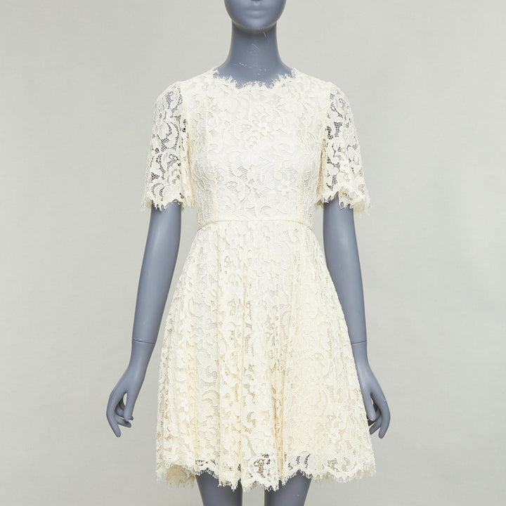 DOLCE GABBANA cream floral lace short sleeve silk lined dress IT40 S
