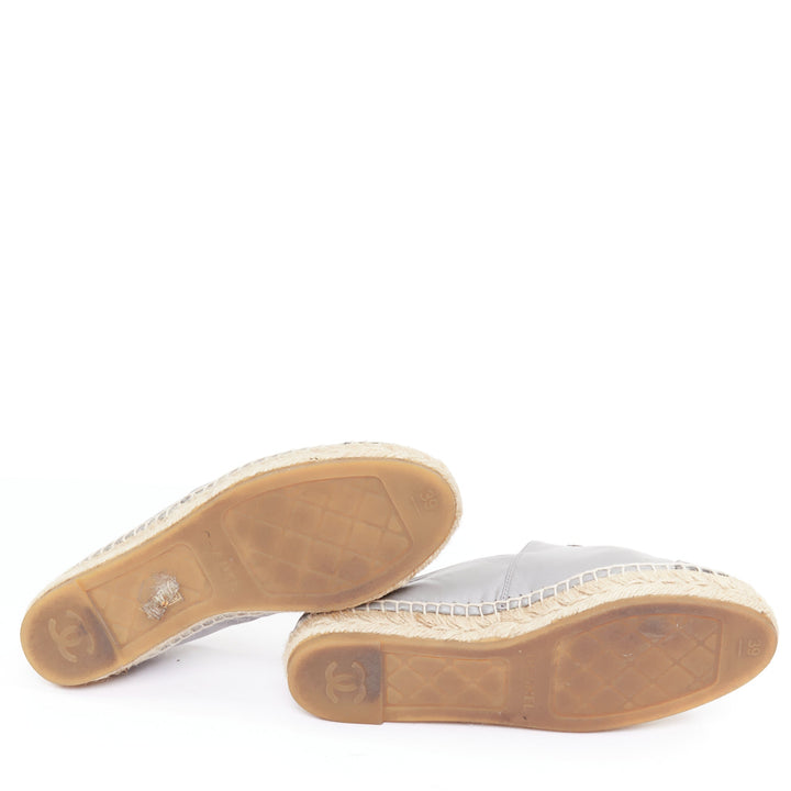 CHANEL bicolor grey lambskin leather black cap toes CC espadrilles shoes EU39