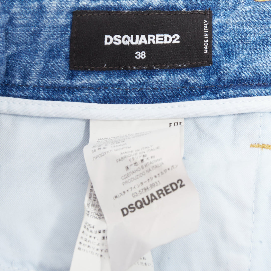 DSQUARED2 pink floral patch blue denim logo cut off mini shorts IT38 XS