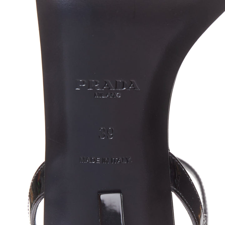 PRADA Vernice black patent leather white triangle logo kitten heel sandals EU39